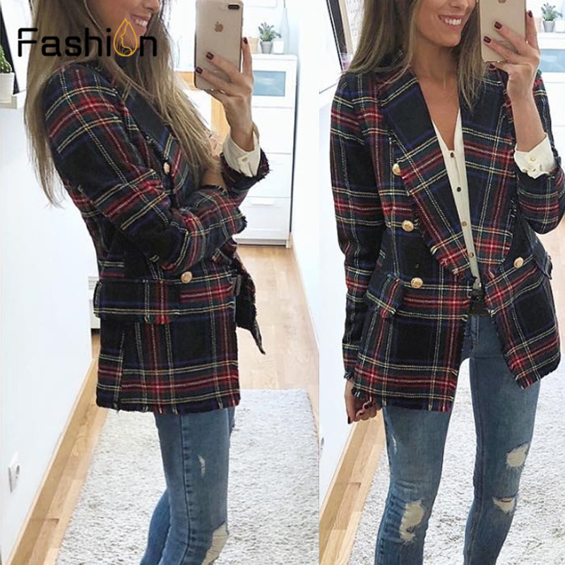 Wholesale-Vintage Double Breasted Coats Frayed Checked Tweed Blazers Coat Women Pockets Blazer Plaid Ladies Outerwear Casual Casaco Femme