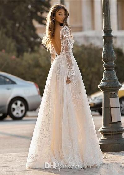 Gorgeous Lace Sexy Wedding Dresses Illusion Sheer Plunging Neck Long Sleeve Backless Summer Beach Garden Bridal Gowns Vestidos De Novia