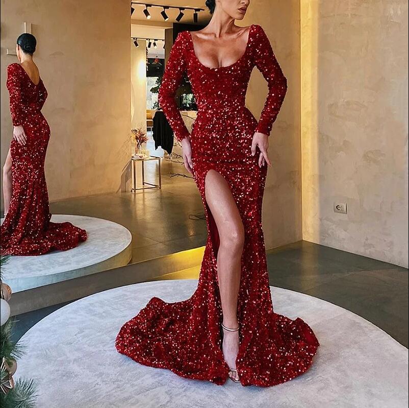 2020 Plunging Neck Sparkly Red Mermaid Evening Dresses Sequins High Side Split Prom Dress Long Sleeve robe de soiree Abendkleider