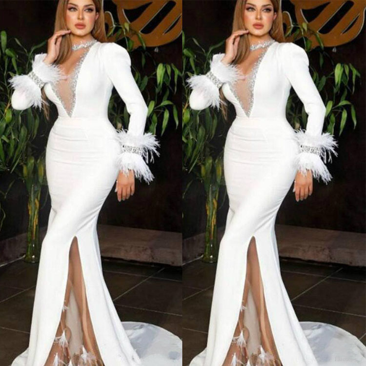 Chic 2020 Arabic White Mermaid Prom Dresses With Feather Long Sleeve High Side Split Formal Evening Gowns Custom Made Plus Size Party Dress, Yellow
Chic 2020 Arabic White Mermaid Prom Dresses With Feather Long Sleeve High Side Split Formal Evening Gowns Custom Made Plus Size Party Dress, Yellow