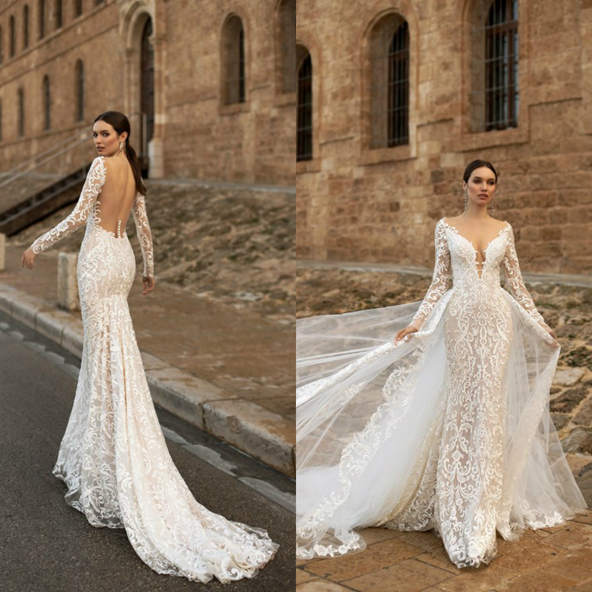2020 Bohemian Mermaid Wedding Dresses With Detachable Train Sheer V Neck Full Lace Appliqued Long Sleeve Bridal Gowns