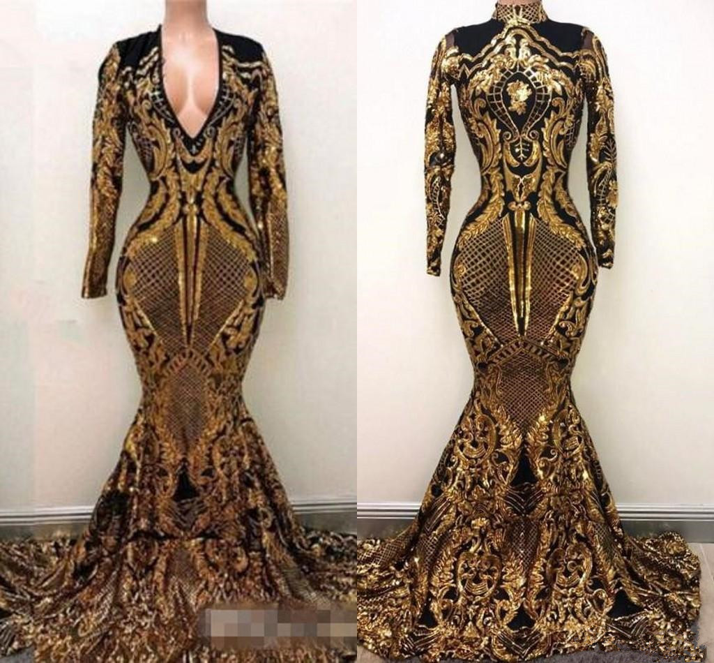 2019 Luxury Gold black Prom Dresses Mermaid off shoulder Sexy African Prom Gowns Vestidos Special Occasion Dresses Evening Wear