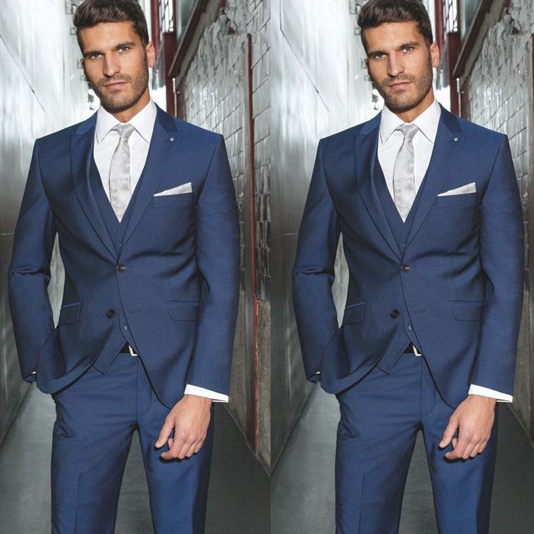 Excellent Groom Wedding Tuxedos Navy Blue Slim Fit 3 Pieces Men Pant Suits Notched Lapel Handsome Custom Made Blazer
