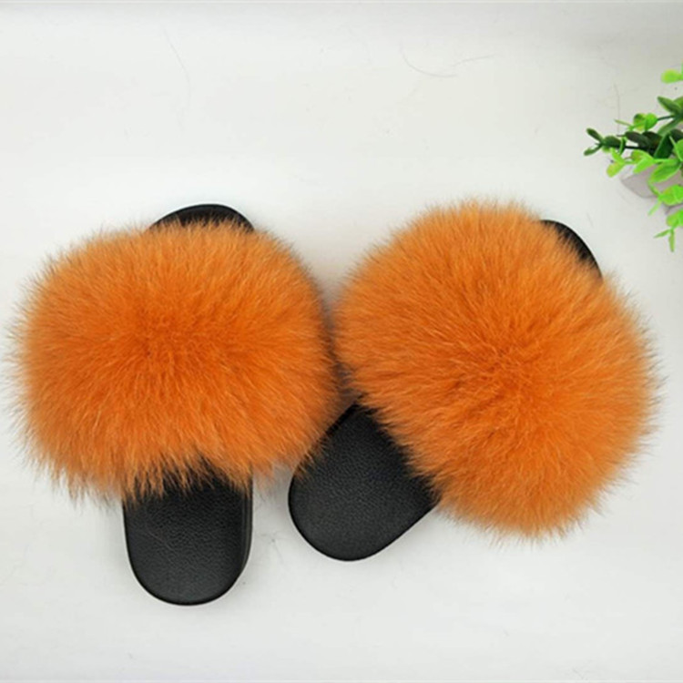 Hot Sale-Real Fur Slippers Women Fox Home Fluffy Sliders With Feathers Furry Summer Outdoor Flats Sweet Ladies Candy Color Shoes Size 45