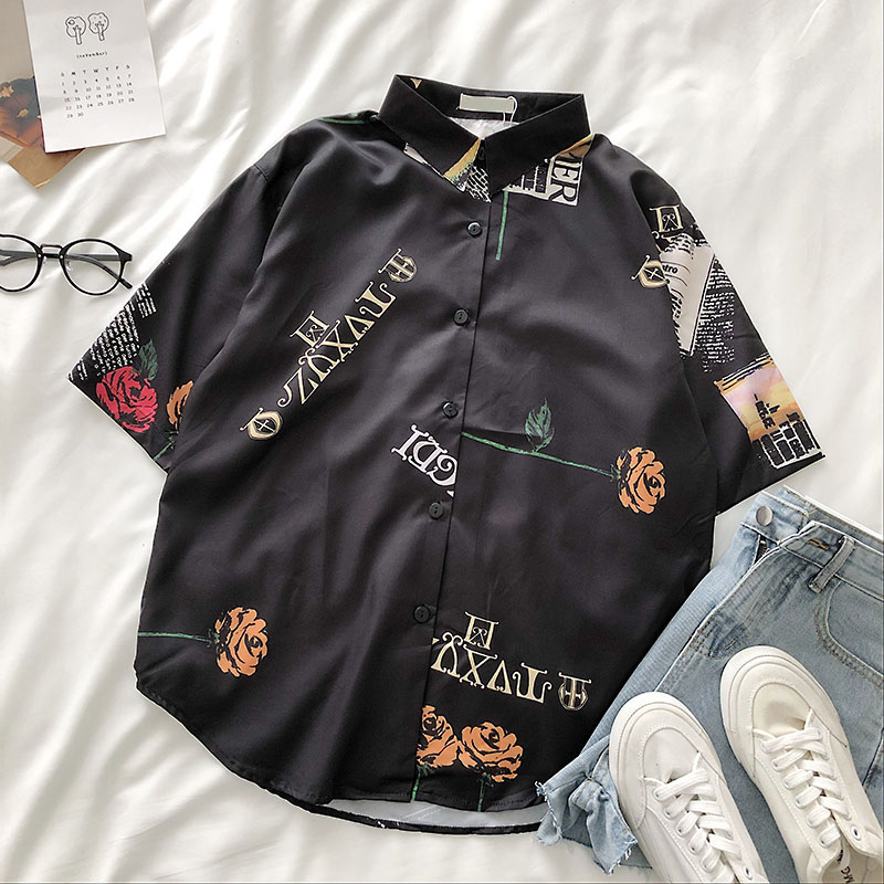 Gagarich Korean Harajuku Style Print Blouse Women Turn Down Collar Short Sleeve Single Breast Blusas Loose Causal Black Shirt
Gagarich Korean Harajuku Style Print Blouse Women Turn Down Collar Short Sleeve Single Breast Blusas Loose Causal Black Shirt