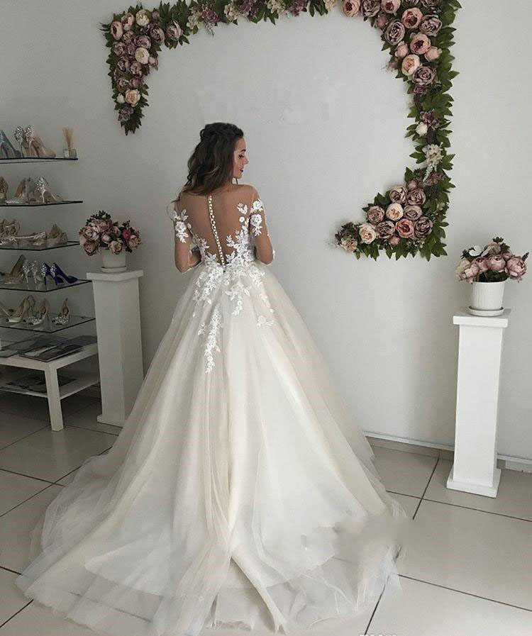 Cheap Sheer Long Sleeve Wedding Dress High Quality A Line Lace Appliques Country Garden Church Formal Bridal Gown Custom Made Plus Size