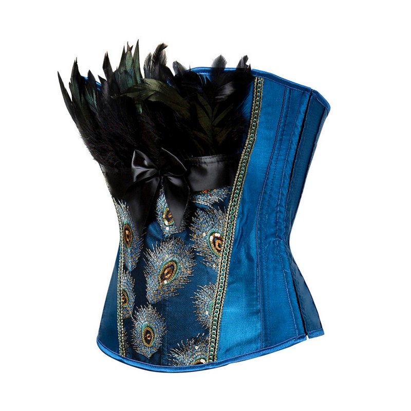 Women Plus Size S-6XL Peacock Embroidery Brocade Burlesque Overbust Corset Fashion Classic Lace-up Bustier Dancing Corset Top with Feathers