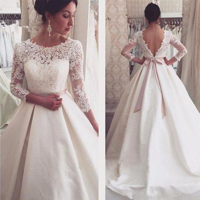2020 Scoop Quarter Lace Appliques A-Line Wedding Dresses Backless Bridal Gowns With Ribbon Vestidos De Mariee Customized