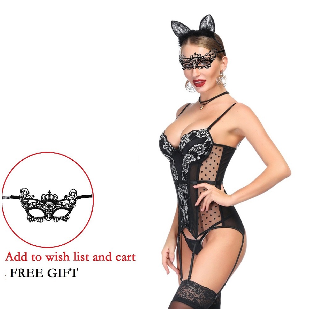 Women sexy Lingerie Bustier Set Basque Temptation Erotic Underwear Transparent Lace Waist trainer Push Up Corset MX200506