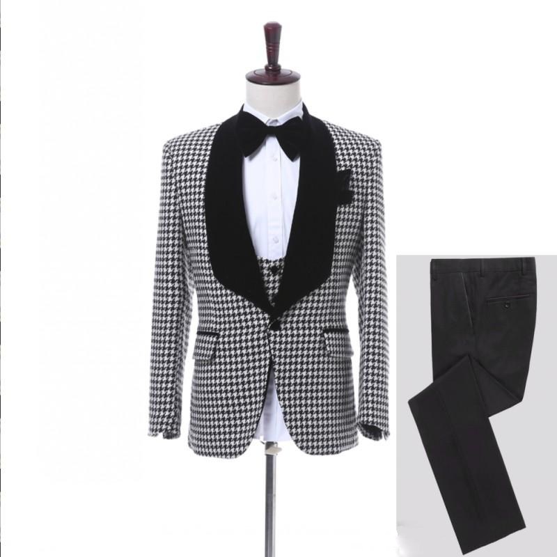 New Arrival One Button Houndstooth Wedding Groom Tuxedos Shawl Lapel Groomsmen Men Suits Prom Blazer (Jacket+Pants+Vest+Tie) W30