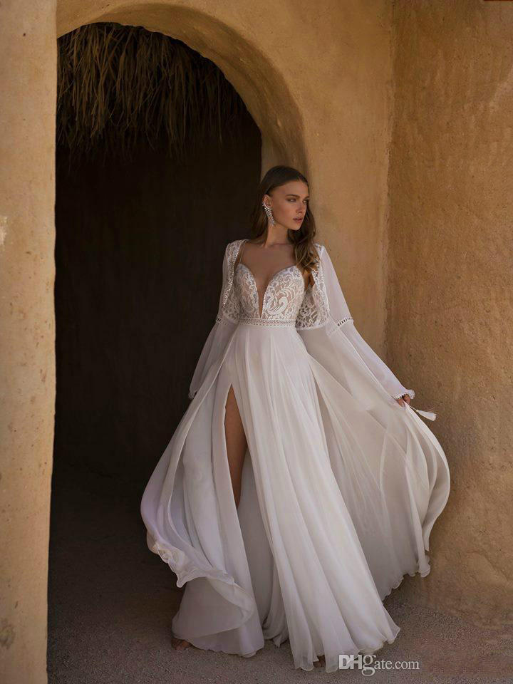 2019 Asaf Dadush Bohemian Wedding Dresses Backless Chiffon Sexy Side Split Spaghetti Beach Wedding Gowns Custom Made Plus Size Bridal Dress