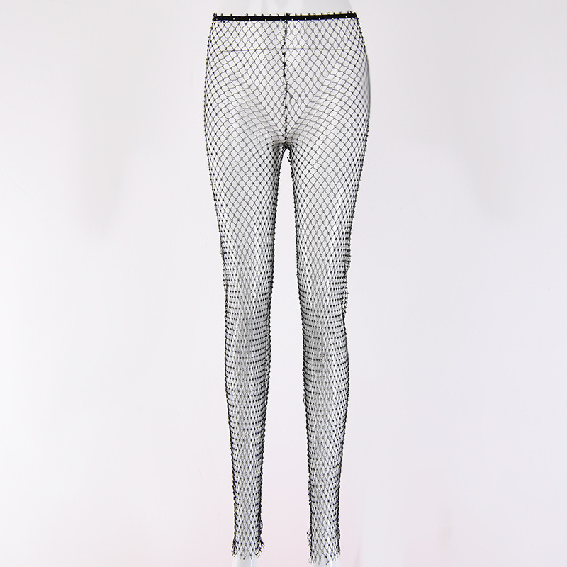 Darcydebie Black Diamonds Fishnet Sexy Pants Women Bottoms Crystal Rhinestones Hollow Out Transparent Beach Club Party Trousers Y19070301