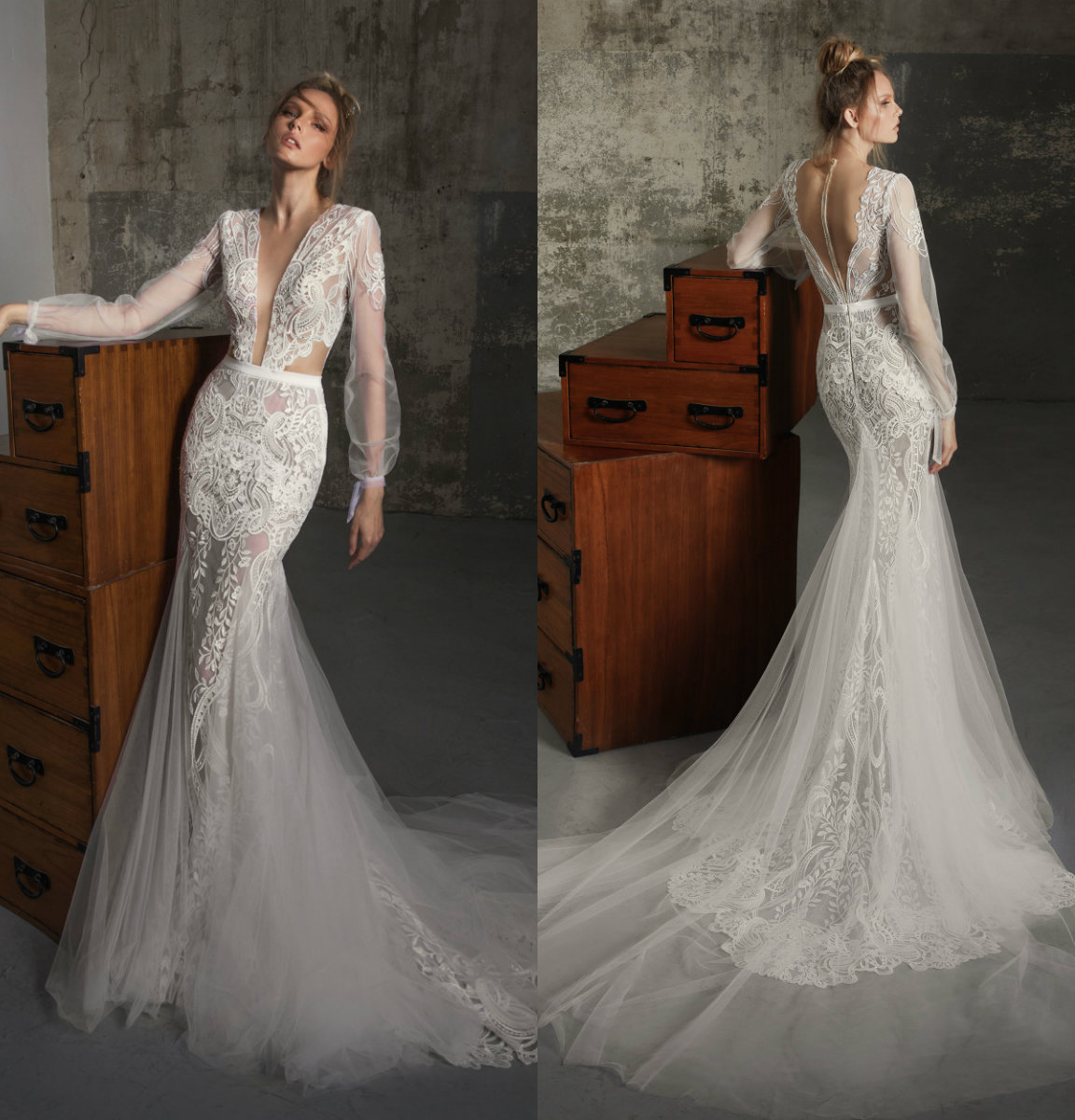 Lior Charchy Mermaid Dresses Deep V Neck Long Sleeve Lace Appliques Country Bridal Gowns Sweep Train Illusion Beach Wedding Dress