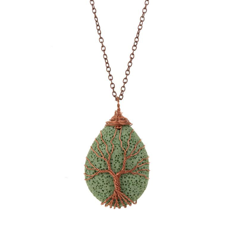 New Natural Lava Stone Diffuser Copper Wire Alloy Wrapped Water Drop Volcanic Rock Tree of Life Aromatherapy Pendant Necklaces Jewelry