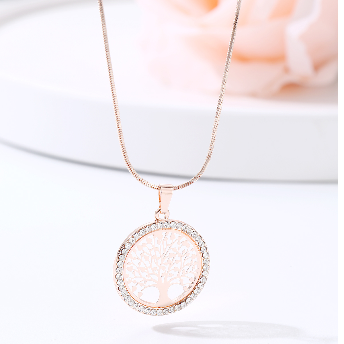 Tree of Life Crystal Round Small Pendant Necklace Gold Silver Rose Colors Elegant Women Jewelry Gifts
