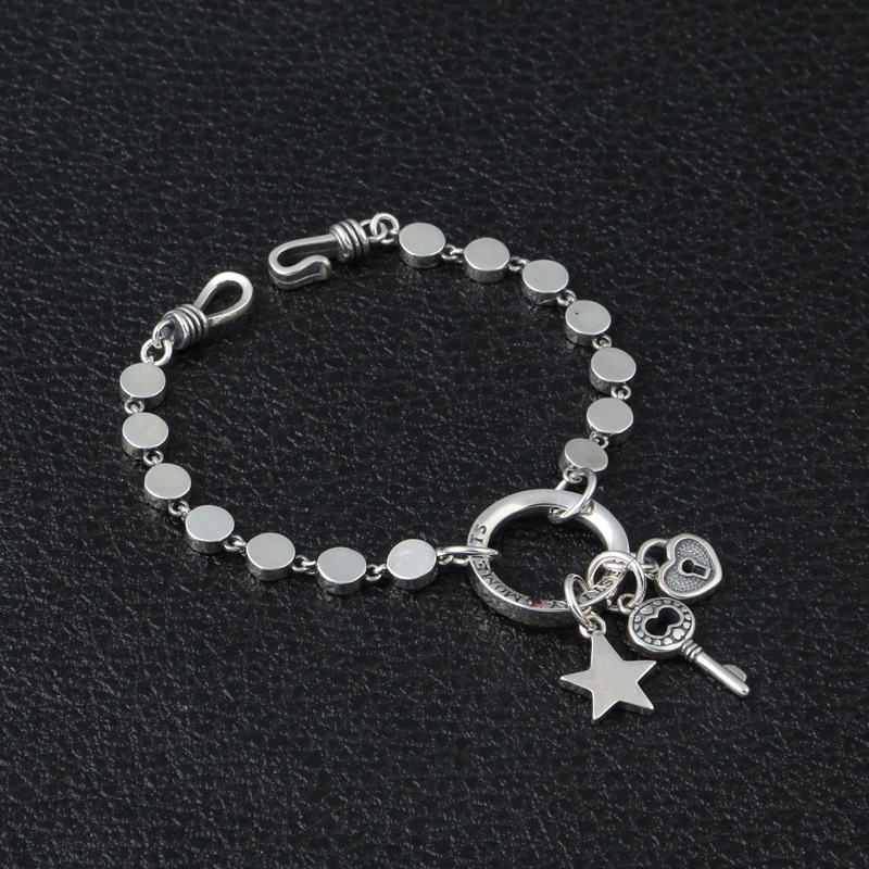 Personalized 925 sterling silver vintage jewelry antique American European hand-made designer round link bracelets with key heart star charm