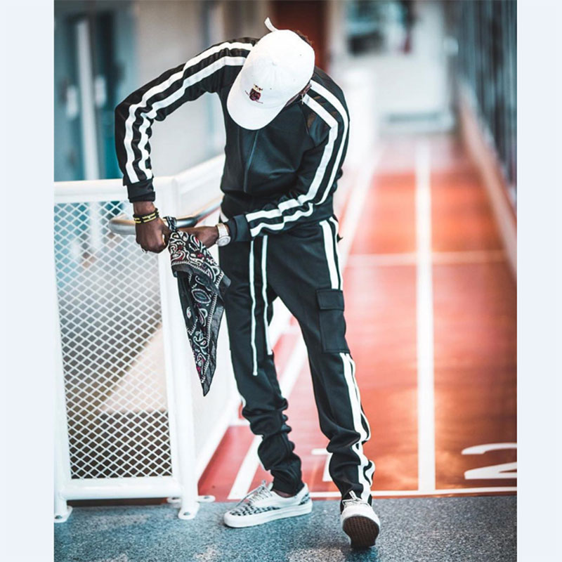 Men's sportswear fashion striped cardigan jacket + sports pants Sports suit men's Chinese collar casual training track suits
