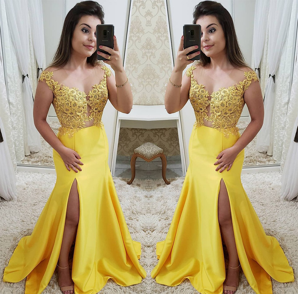 Sexy Yellow Side Slit Long Prom Dresses Elegant Beading Lace Appliques Mermaid Prom Gowns Vestidos De Gala