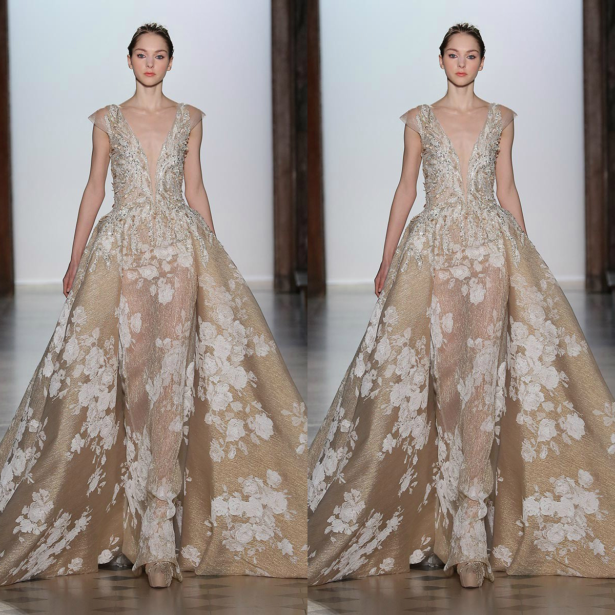 Tony Ward 2019 Prom Dresses With Detachable Train Deep V Neck Lace Beaded Evening Gowns Cap Sleeve Vintage Custom Party Dress