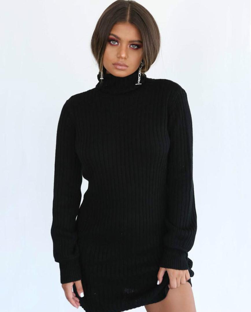 2019 New Brand Solid Winter Cotton Women Knitted Long Sweater Dress Jumper Ladies Winter Top Pullover