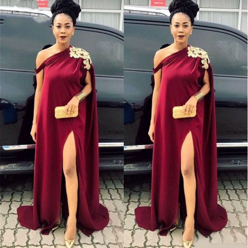 Burgundy One Shoulder Evening Dresses Long Gold Lace Appliques Chiffon Formal Evening Party Dress for Women With Split Slit