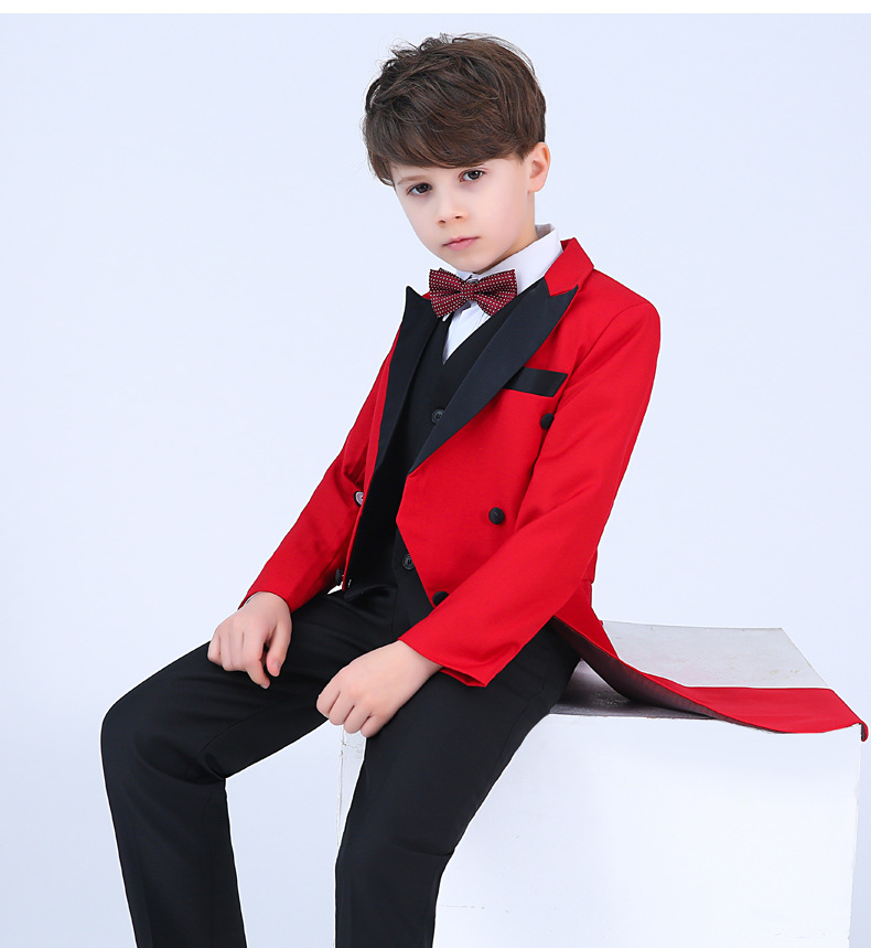 2019 Boy's Formal Wear Wedding Suits Red Peaked Lapel Tailcoat Handsome Black Prom Party Pants Suits (Jacket+Pants+Bow+Shirt)
