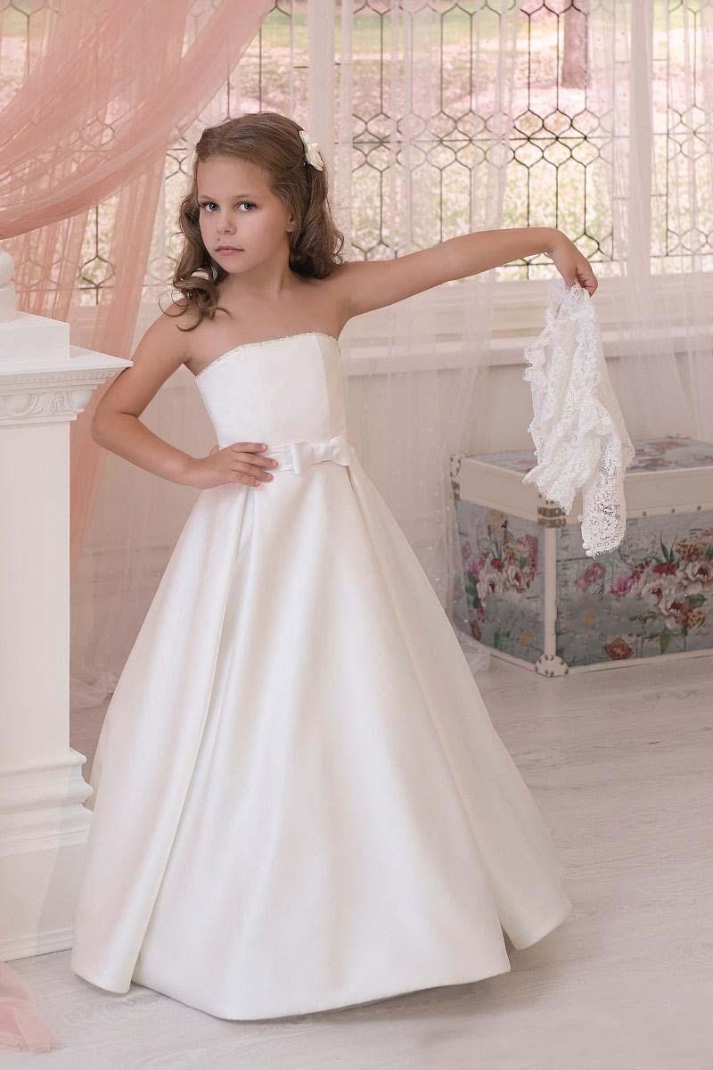 Latest 2019 Formal Flower Girl Dresses For Wedding with Half Sleeves Lace Jacket Strapless A Line Ivory Satin Children Dresses with Bow Sash