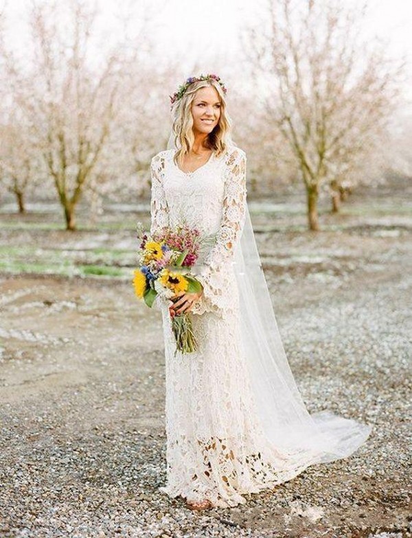 2019 New Guipure Lace Boho Wedding Dress with Sleeves Small A Line Sweep Train Ivory Country Style Bohemian Bridal Gowns