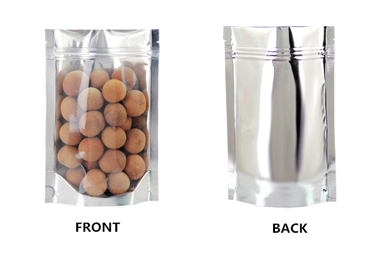 100pcs Clear Front Glossy Silver Aluminum Foil Zip Lock Bag One Side Clear Display Plastic Food Snack Biscuits Gift Storage Packaging Pouches
