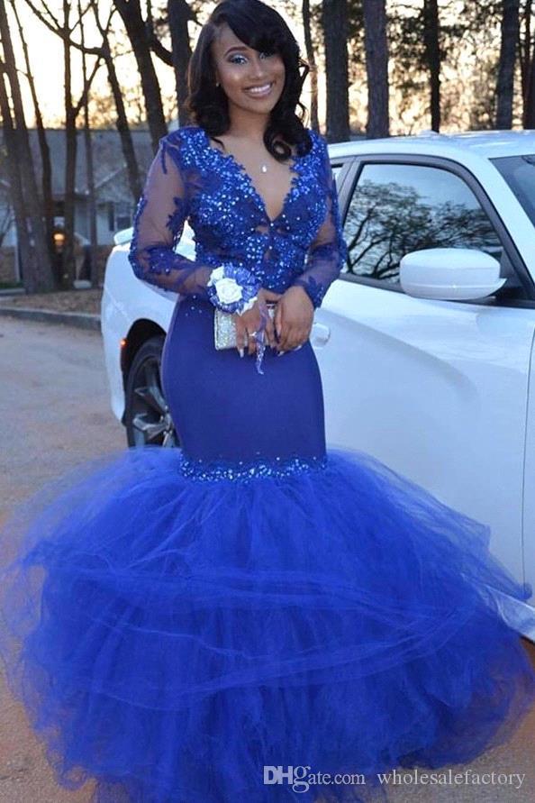 Sexy Royal New Blue Lace Mermaid Prom Dresses V Neck Sheer Long Sleeves Tulle Applique Beaded Formal Party Wear Gowns Robe De Mariee