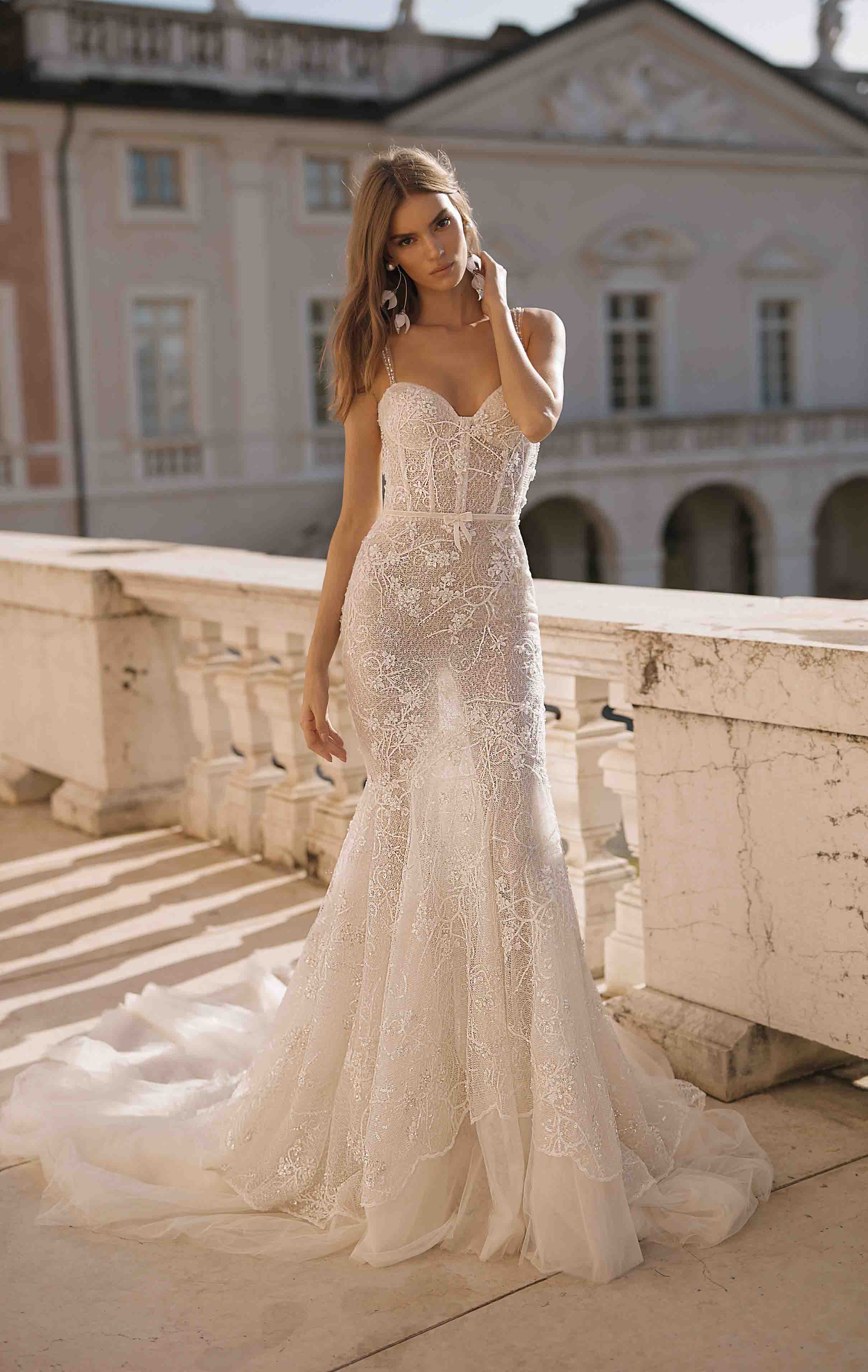 Berta Mermaid Wedding Dresses Spaghetti Lace Appliqued Sequins Bow Ruffle Backless Illusion Bridal Gowns Custom Made Vestidos De Novia