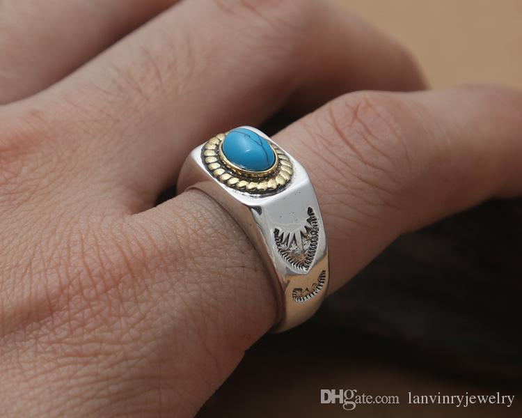 Brand New 925 sterling silver fashion jewelry vintage American European style designer mens rings with semi precious turq stone gift