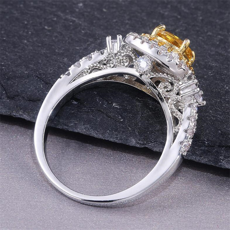 New Sparkling Classical Luxury Jewelry 925 Sterling Silver Yellow Topaz CZ Diamond Pave CZ Promise Women Wedding Engagement Band Ring Gift