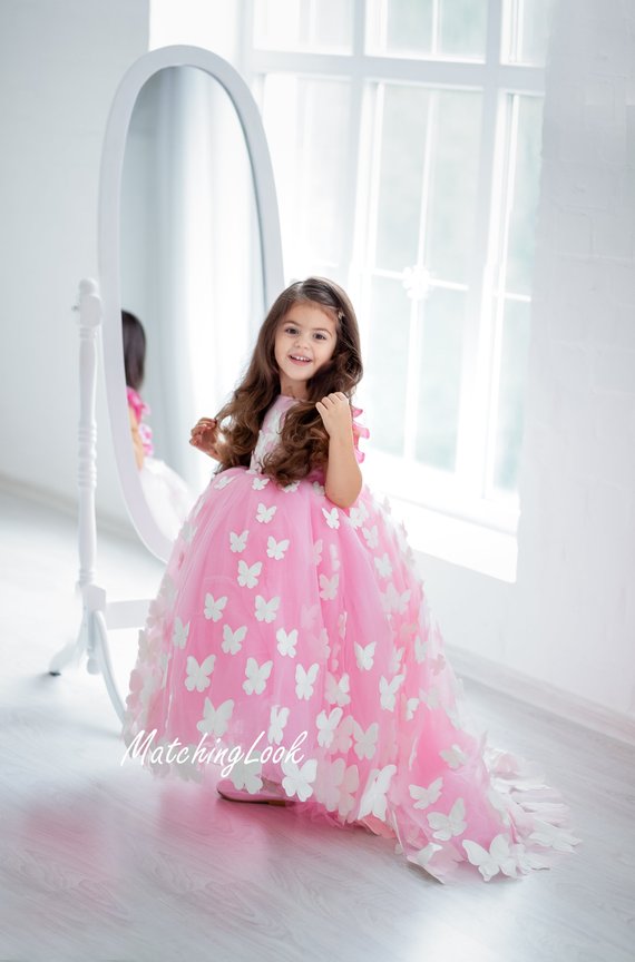 Butterfly Tutu Flower Girl Dresses Sweep Train Jewel Neck Backless Girls Princess Dress Custom Made Cute Christmas Gowns With Petticoat