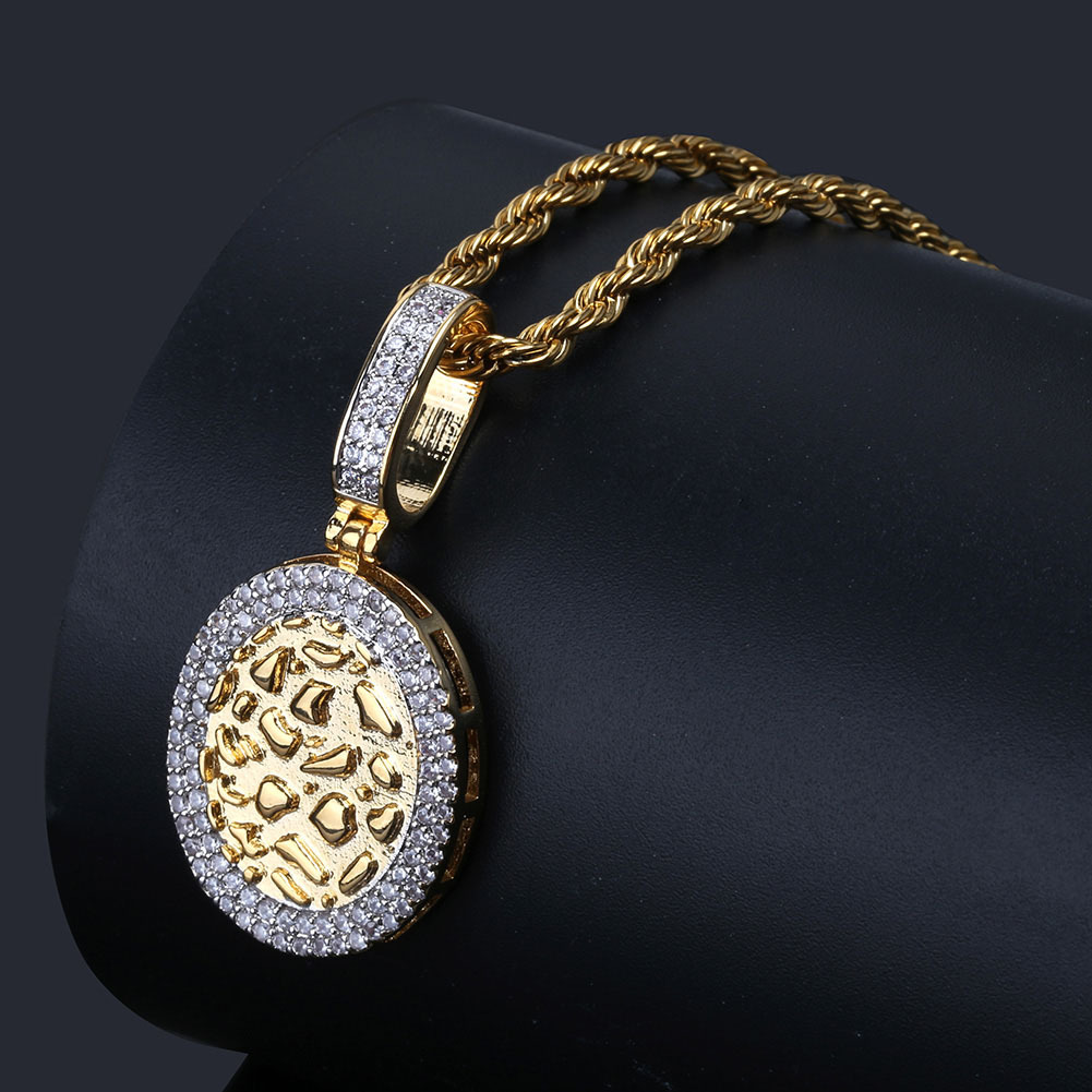 18K Gold & White Gold Plated Cubic Zirconia Round Gold Bullion Pendant Chain Necklace 24 inch Hip Hop Punk Rock Rapper Jewelry Gifts for Guy