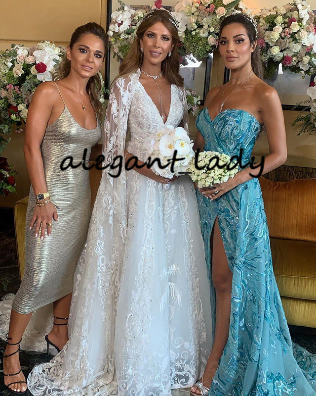 Vestido De Noiva Lace Beaded Wedding Dresses with Cape Shawls Robes 2020 Arabic Aso Ebi Sexy V-neck Castle Church Bride Wedding Gowns