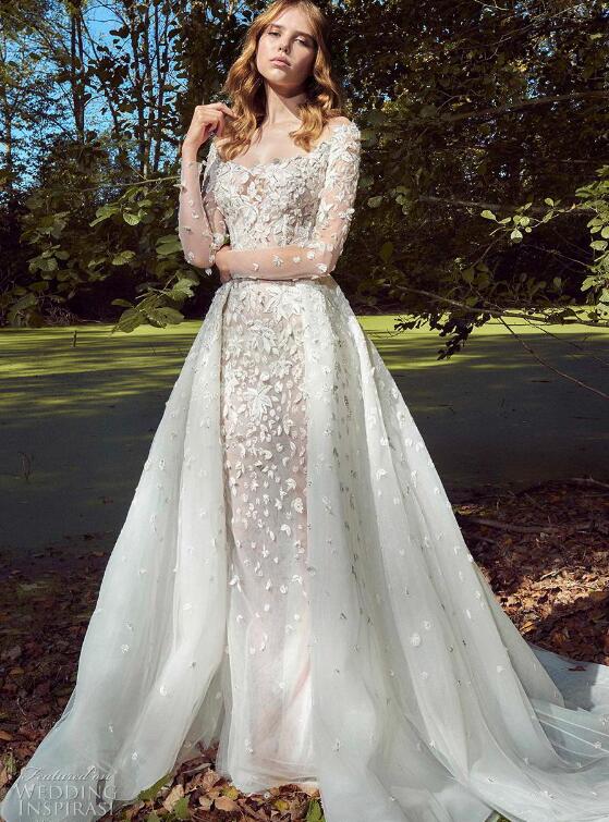 Zuhair Murad Vintage Wedding Dresses With Detachable Train 2019 Long Sleeve Lace Applique Sexy Bridal Gowns robe de mariée