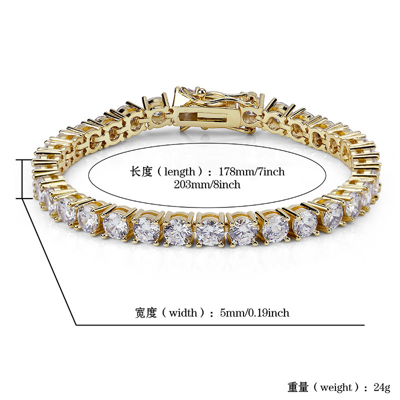 Gold Plated Hip Hop Zircon Tennis Chain Bracelet 2.5-6mm Single Row Iced Out Dia for Men & Women Cuban Chains Rapper Jewelry Gifts