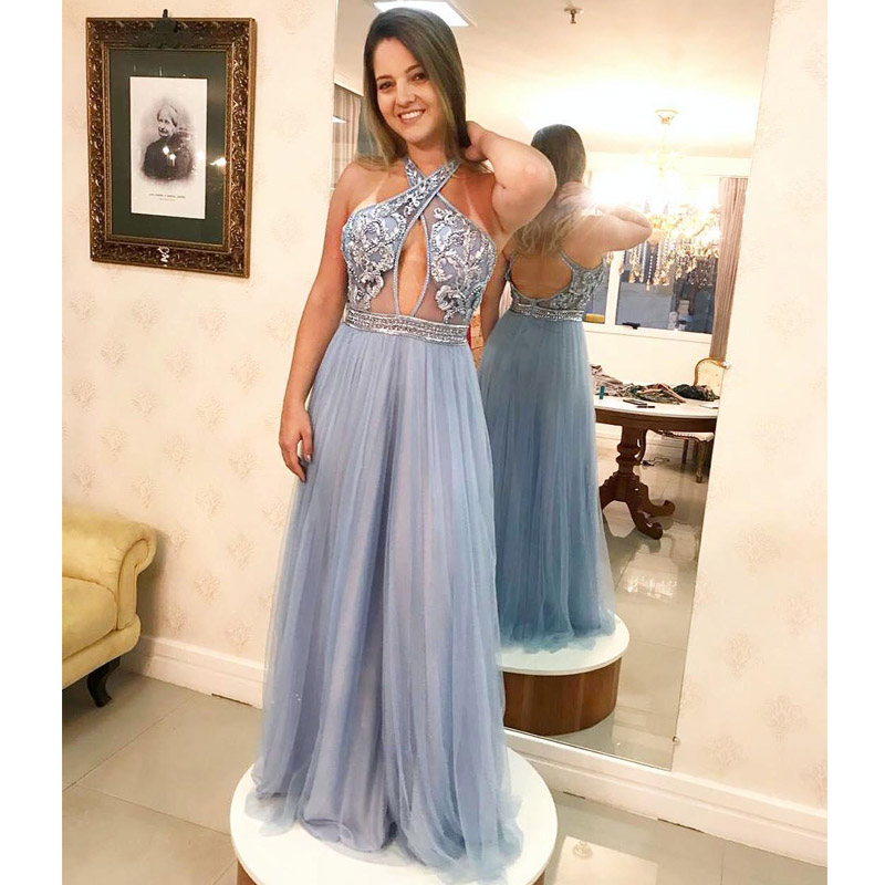 2020 Halter Sexy Arabic Formal Evening Party Dresses Backless Plus Size Lace Prom Gowns Tulle A Line Floor Length Vestidos De Fiesta