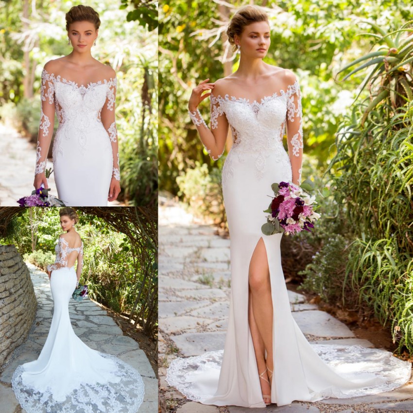 Lace Fashion Mermaid Backless Wedding Dresses Sheer Bateau Neck Appliqued Bridal Gowns Sweep Train Beaded Trumpet Side Split Robe De Marie