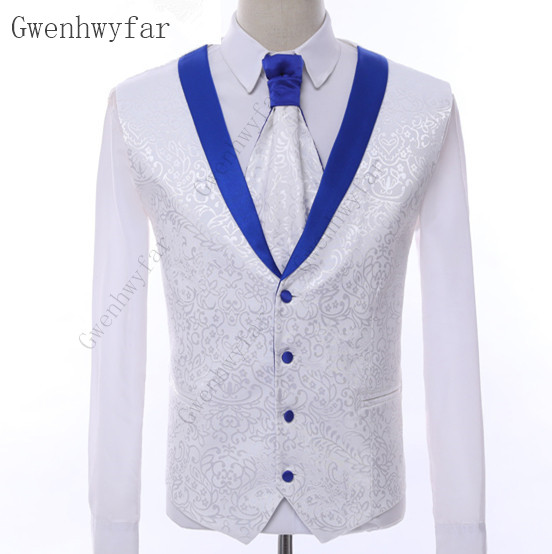 Gwenhwyfar White Royal Blue Rim Stage Clothing For Men Suit Set Mens Wedding Suits Costume Groom Tuxedo Formal Jacketpantsvest