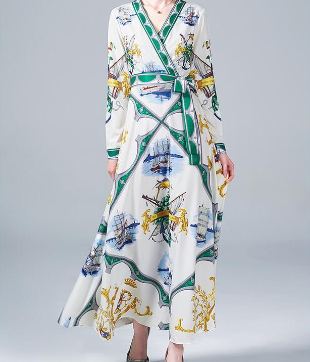 Vacation style White sailboat printed women dress street style V neck summer skirts Empire Big swing skirt long sleeve Ankle-Length, Multi
Vacation style White sailboat printed women dress street style V neck summer skirts Empire Big swing skirt long sleeve Ankle-Length, Multi