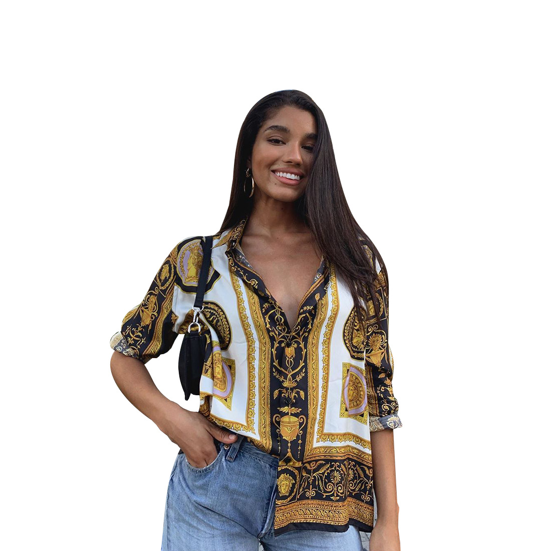 New Women Sexy Blouses Long Sleeve Turn Down Collar Gold Flower Printed Shirt Office Lady Casual Loose Blouse A333, Multi
New Women Sexy Blouses Long Sleeve Turn Down Collar Gold Flower Printed Shirt Office Lady Casual Loose Blouse A333, Multi