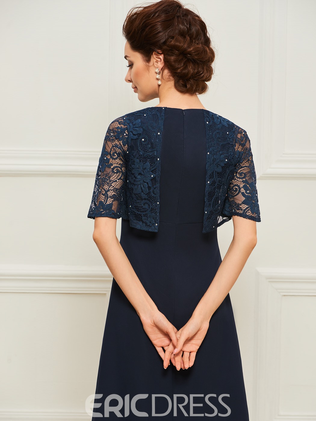 Elegant Ericdress Mermaid Mother of The Bride Dresses Jewel Half Sleeve Wedding Guest Dress Lace Applique Crystal Sweep Train Evening Gown