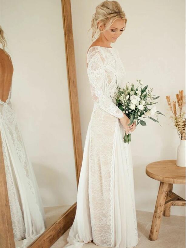 2020 Backless Mermaid Wedding Dresses Jewel Neck Lace Appliques Long Sleeve Trumpet Wedding Dress Boho Beach Bridal Gowns Vestidos De Novia