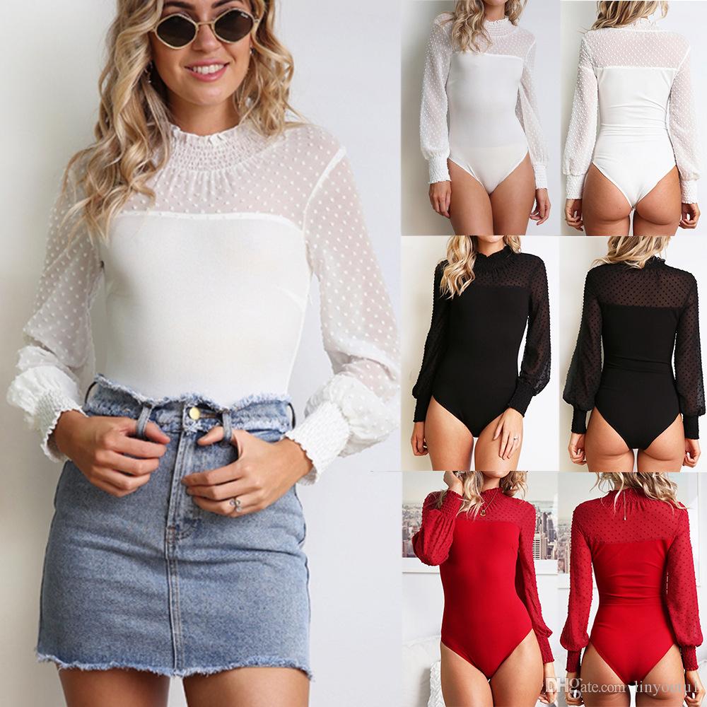 New 2020 Summer Bodysuit Women Sexy Neck Patchwork Long Sleeve Back Ladies Lace Mesh Bodysuit Transparent Tops
