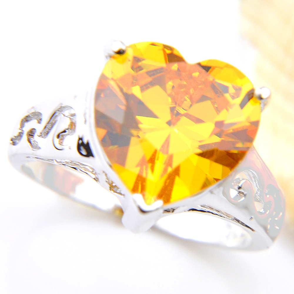 5pcs Lot Wholesale Solitaire Engagement Jewelry Heart Yellow Citrine Gems Gems 925 Sterling Silver Plated For Women Rings US Size 7 8 9