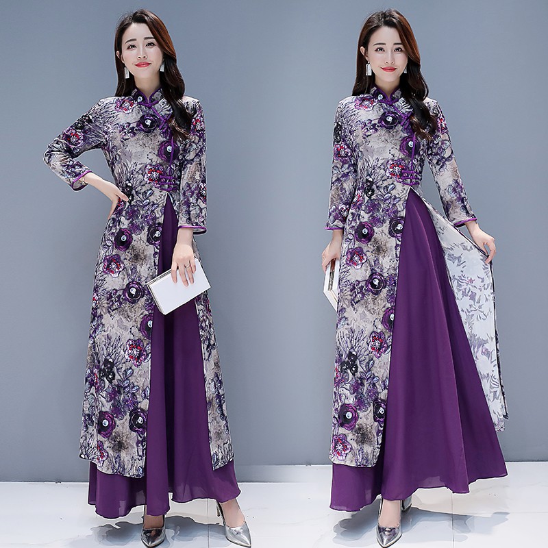 New long ao dai vietnam Style dress for women traditional ethnic clothing purple gown oriental dress Chinese improved cheongsam Qipao