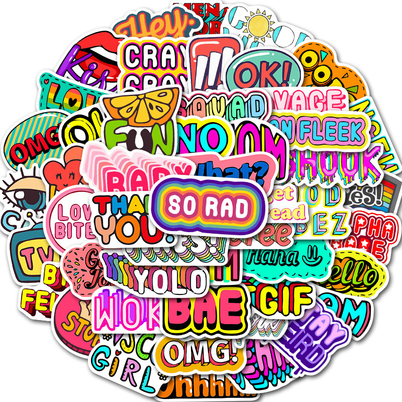 50pcs/Set Cartoon English Phrase Waterproof PVC Stickers to DIY Luggage Guitar Laptop Motorcycle Skateboard Sticker Kids Toys