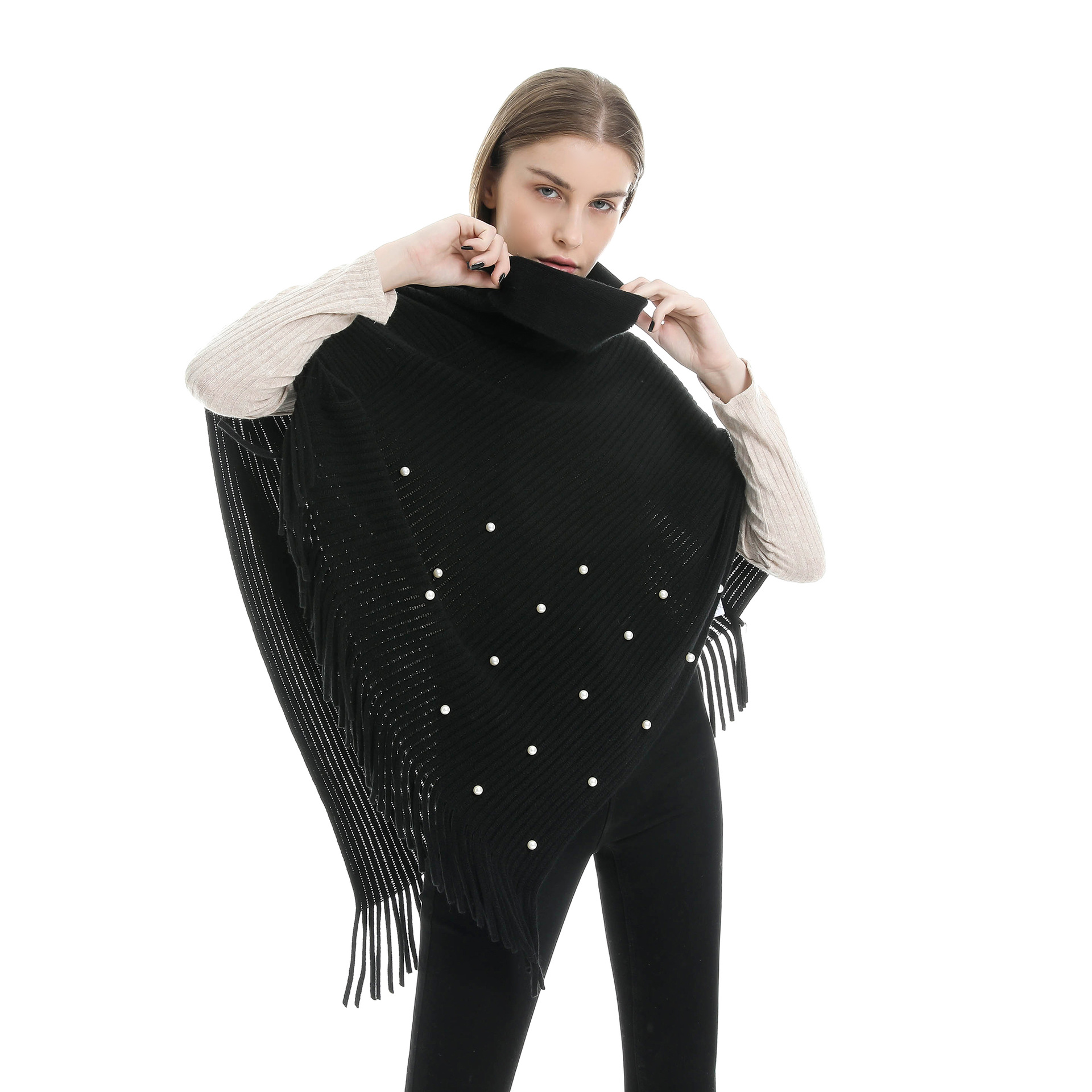 Women Pearl Tassel Turtleneck Pullovers Shawl Scarf Cashmere Warm High Collar Solid Color Big Cape Blanket Wraps Female